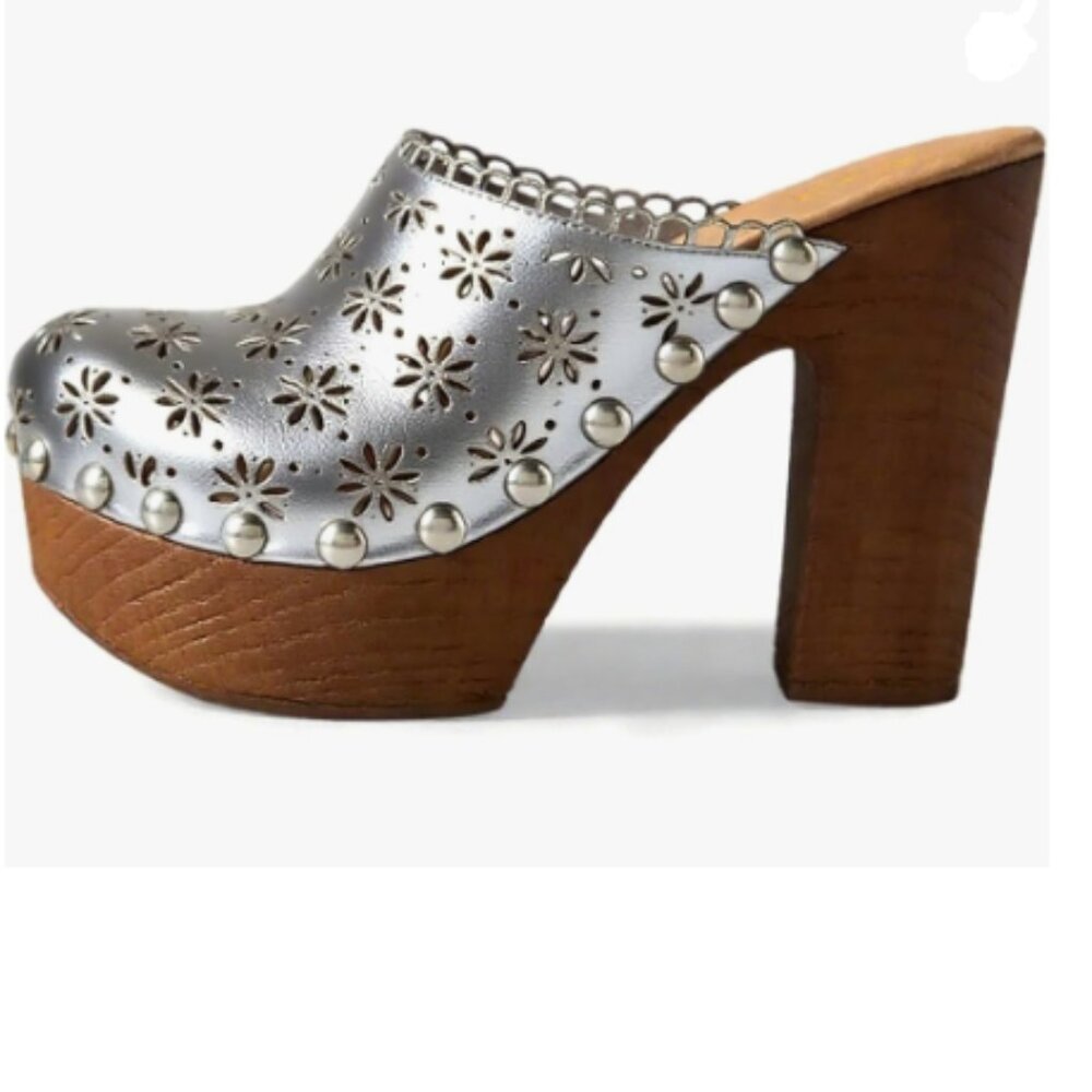 FOWT Silver Leather Studded Round Toe Floral Cut Out Backless Platform Mules